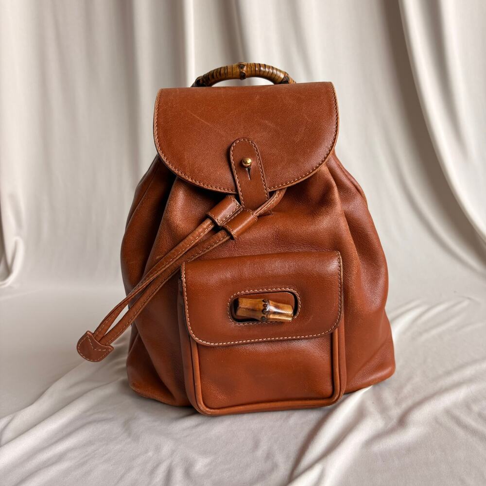 Vintage Gucci Bamboo Drawstring Backpack - Brown Calfskin